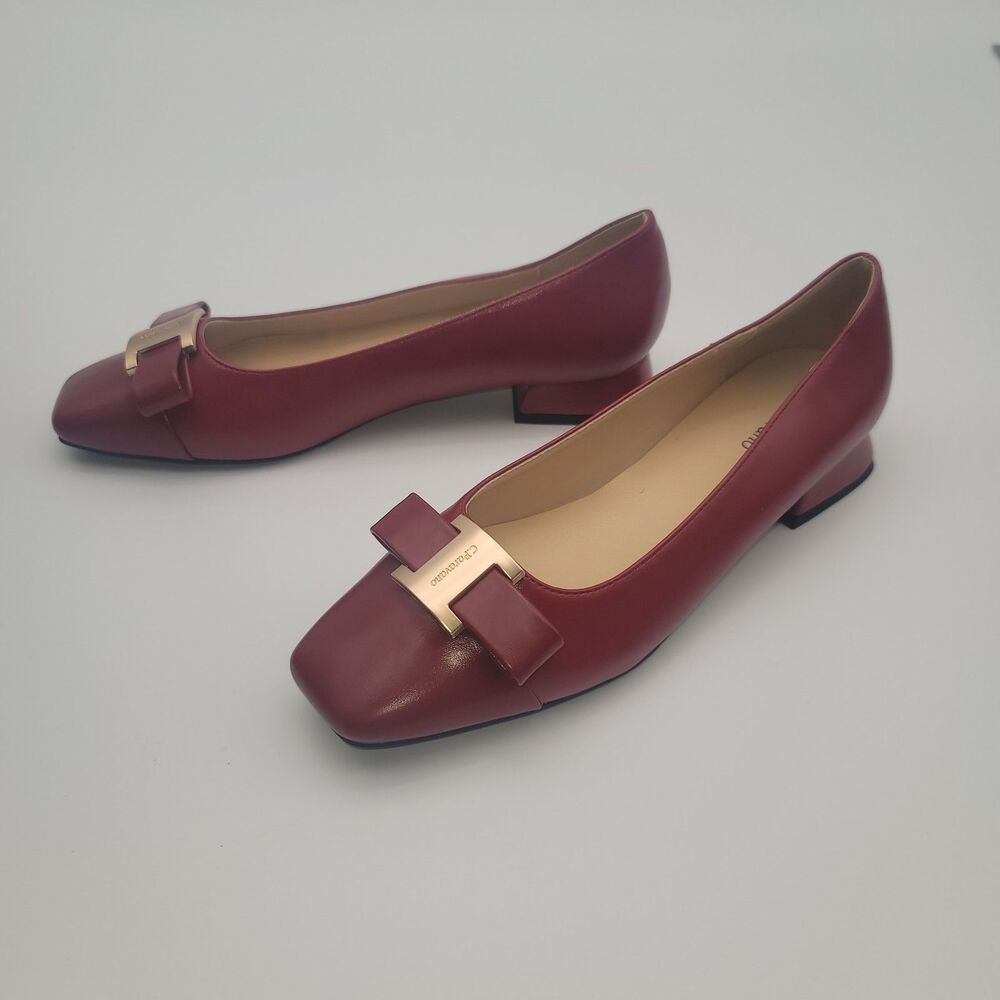 C.Paravano Flats Women Shoes US 8 EUR 38.5 Red Square Toe Metal Buckles Ballet